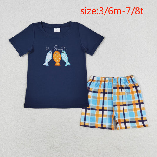 rts no moq BSSO0465 Embroidered fishing navy blue short-sleeved plaid shorts suit