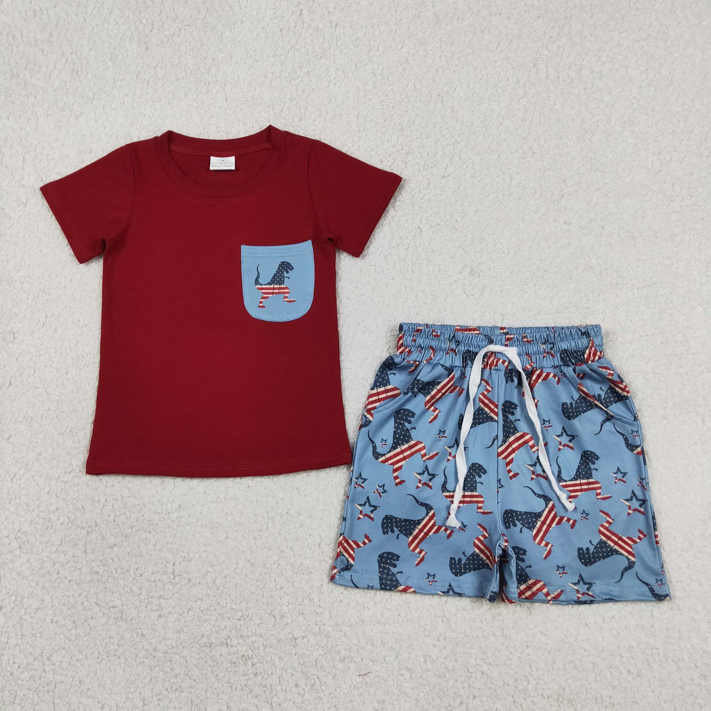 RTS NO MOQ BSSO0519 milk silk Baby Boys Dinosaurs Flags Pocket Shirts Shorts 4th of July Sets
