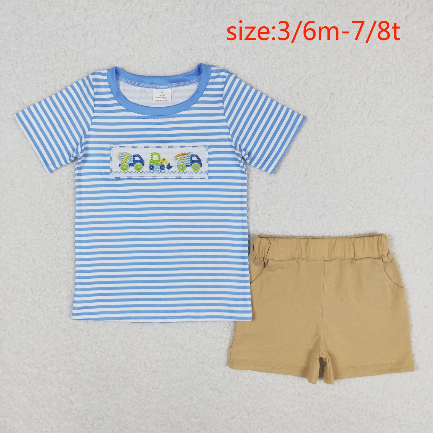 RTS NO MOQ（In Stock ) Embroidered engineering vehicle blue and white striped short-sleeved brown shorts suit
