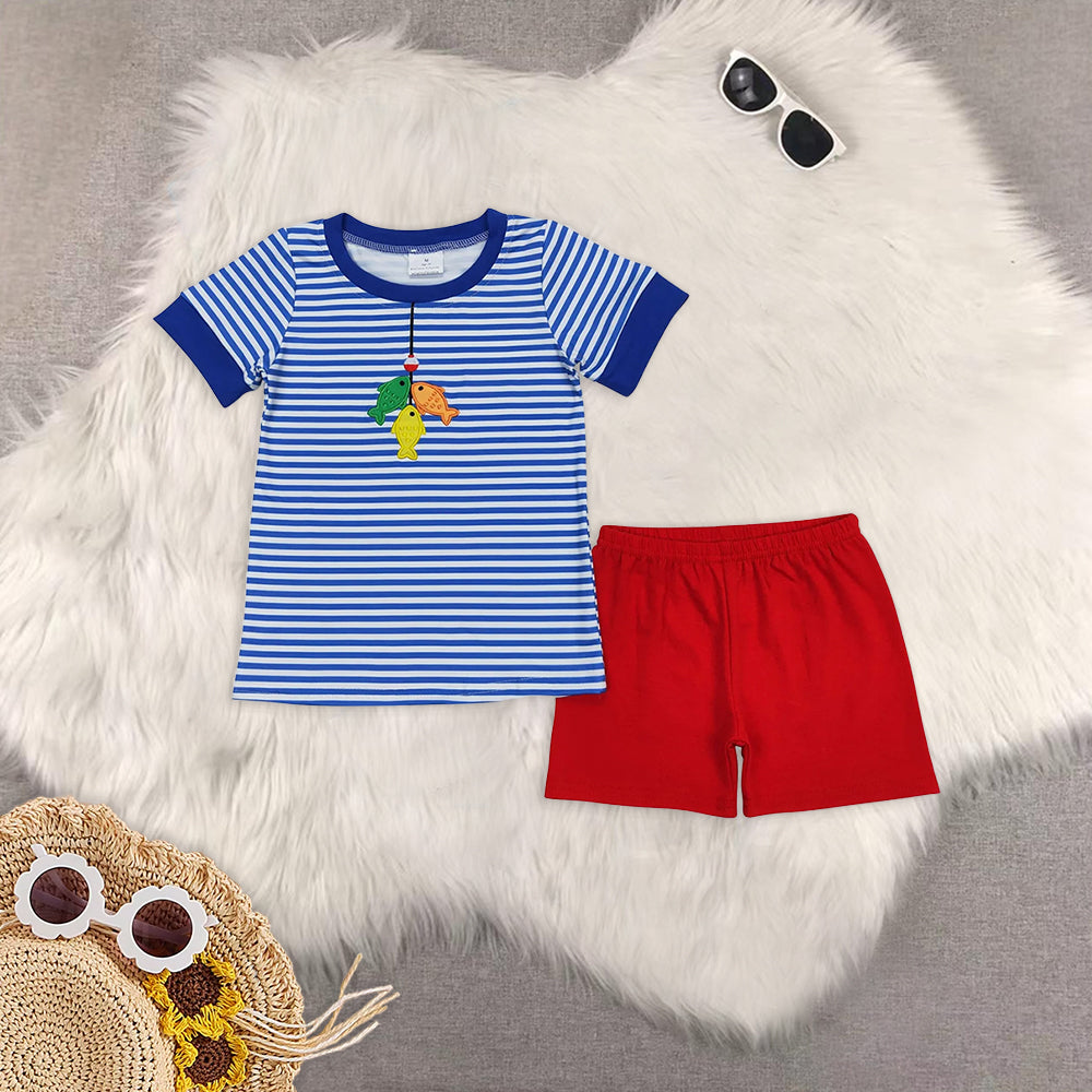 Sibling Baby Boys Fishing Blue Stripes Embroidery Summer Clothes Sets rompers