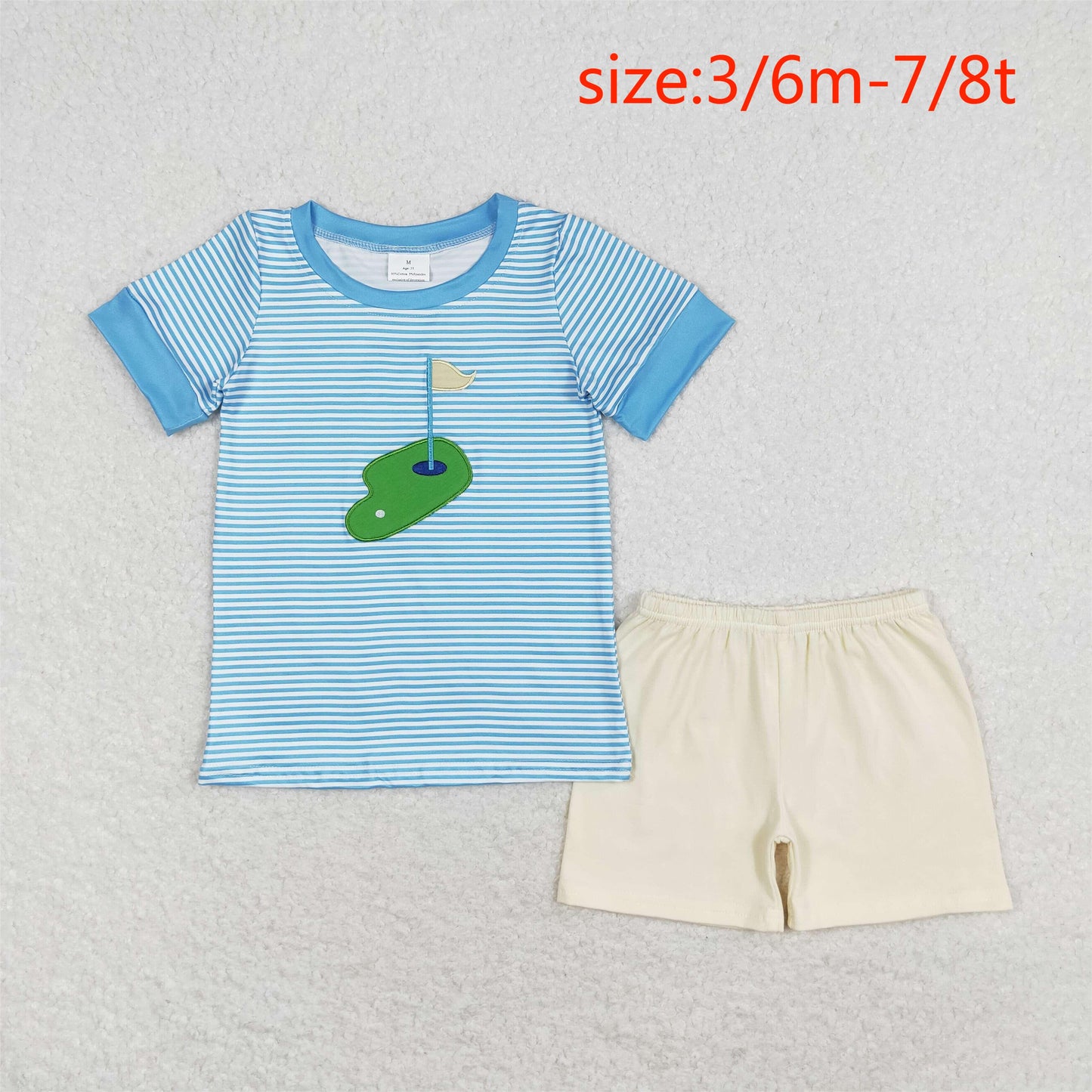 rts no moq BSSO0592 Embroidered Golf Stripe Blue Short Sleeve Beige Shorts