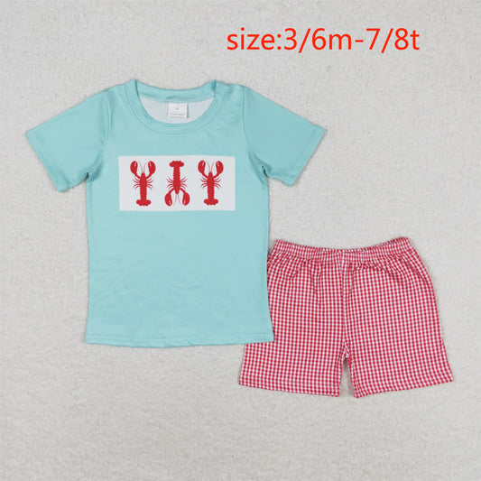 rts no moq BSSO0597 Crayfish blue-green short-sleeved red and white plaid shorts suit