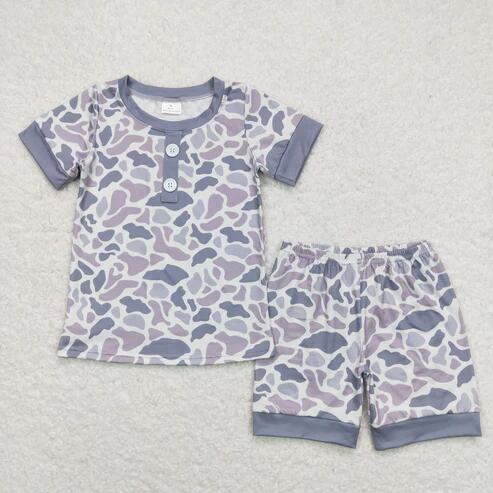 RTS NO MOQ Sibling Baby Boys Light Grey Camouflage Short Sleeve Shirt with Pockets Shorts Outfit Set