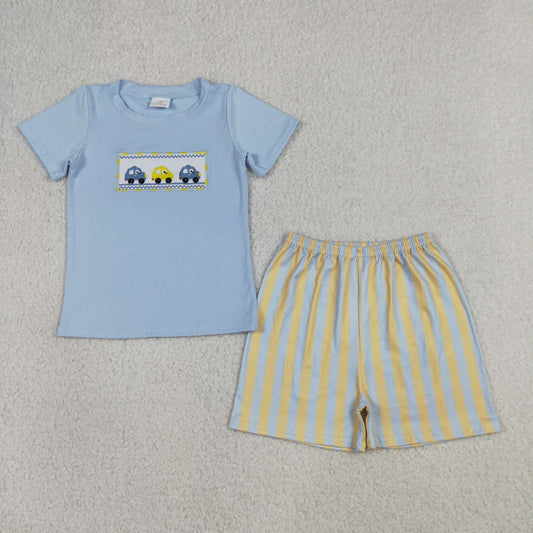 RTS NO MOQ BSSO0617 Baby Boys Blue Embroidery Cars Shirt Top with Stripe Shorts Clothing Set