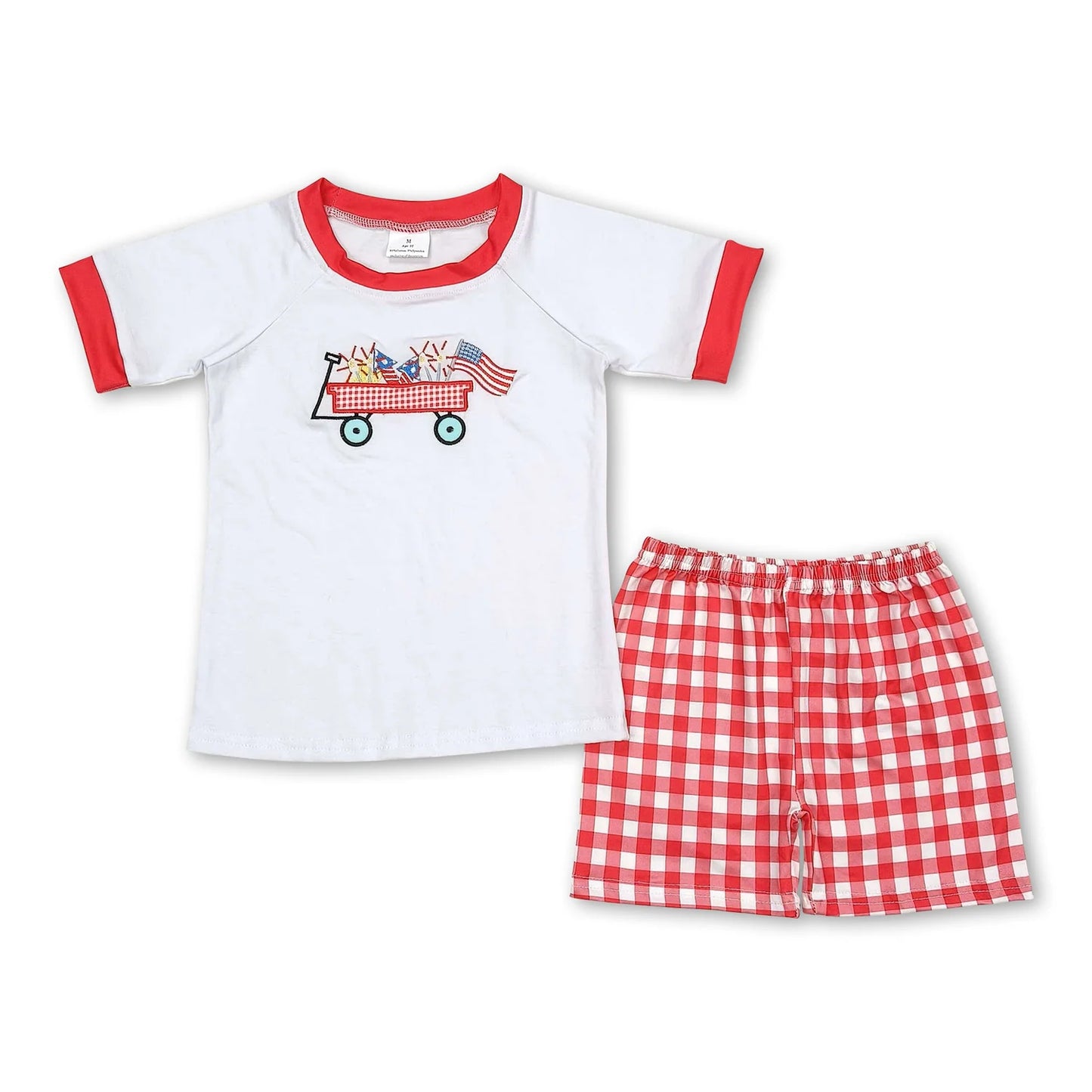 RTS NO MOQ Sibling milk silk Baby Girls Boys Summer 4th Of July Flag And Tractor Print Top Red Checkered Shorts Clothes Set Dress Rompers