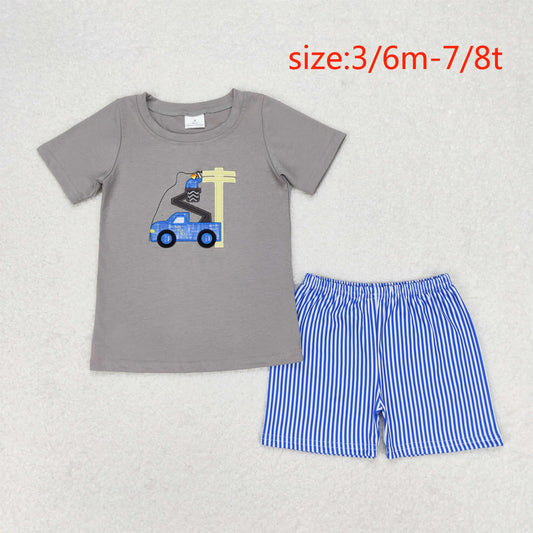 RTS NO MOQ（In Stock) Embroidery utility pole maintenance worker gray short-sleeved blue striped shorts suit