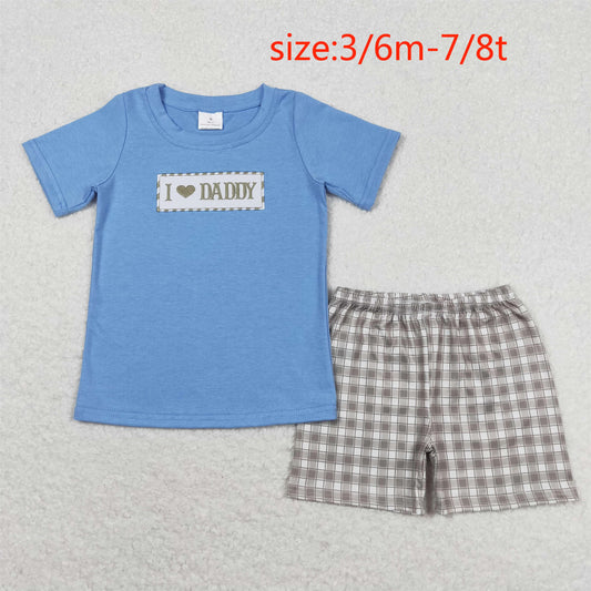BSSO0640 I love daddy embroidered lettering blue short-sleeved green plaid shorts suit