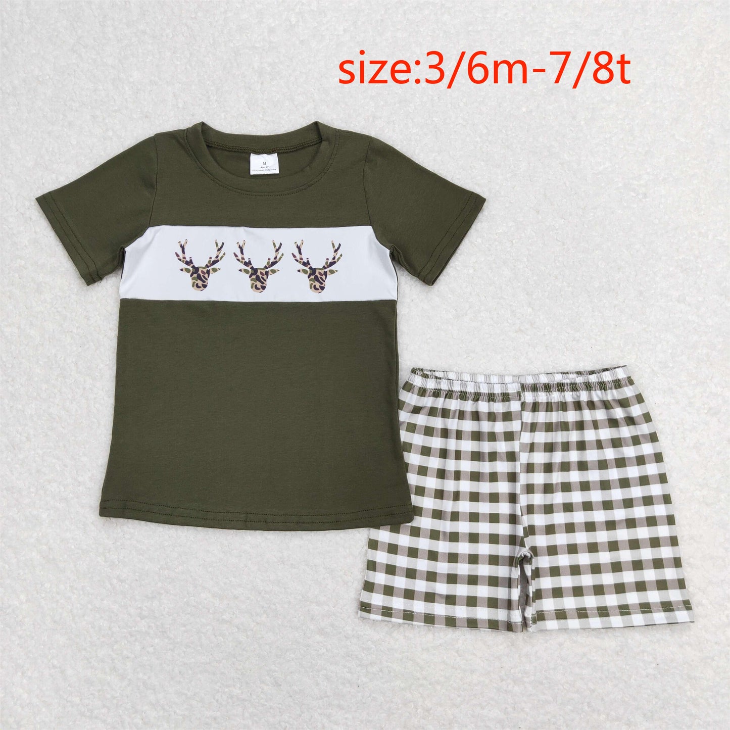 RTS NO MOQ（In Stock) Three Elks Army Green Short Sleeve Plaid Shorts Suit