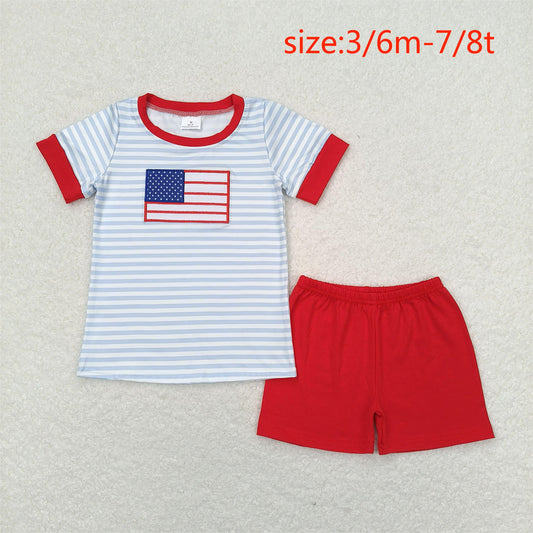 BSSO0684 Embroidered flag blue striped short-sleeved red shorts suit