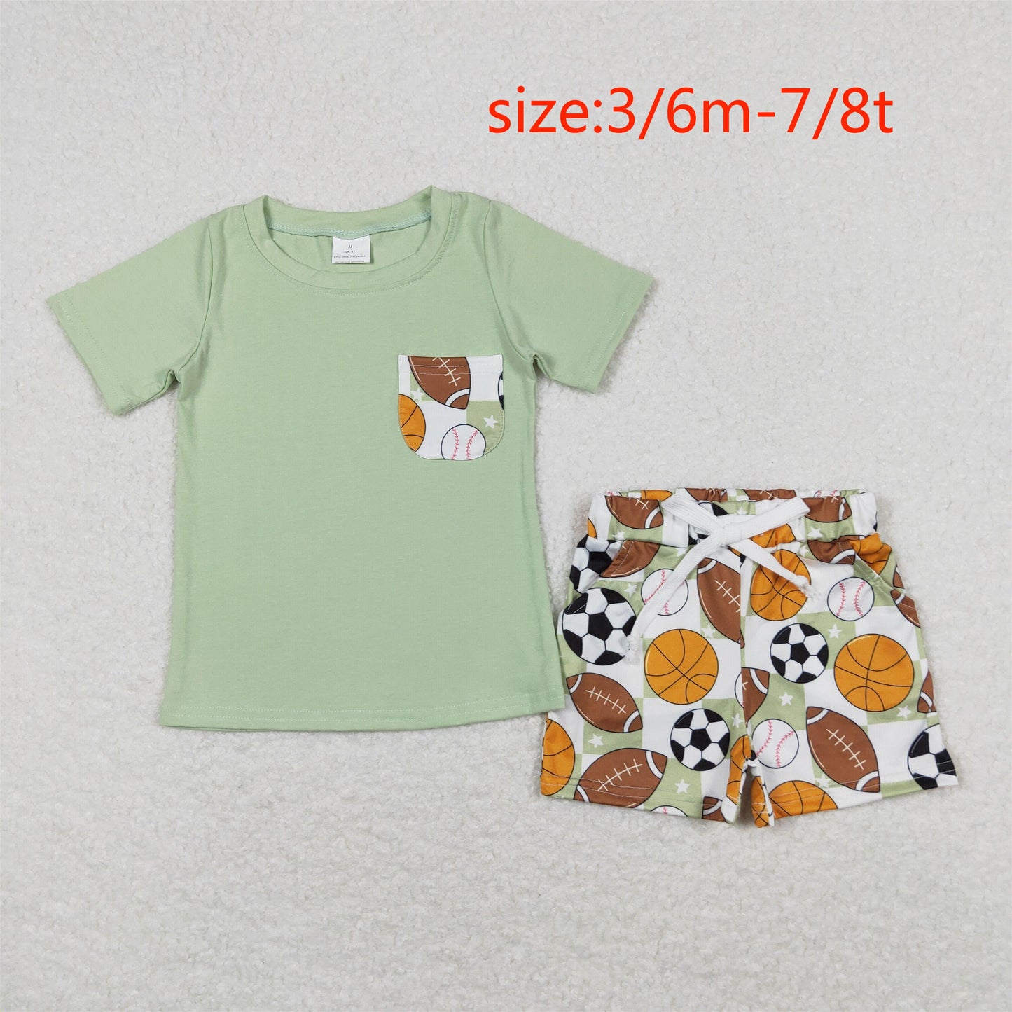 BSSO0694 Basketball Football Baseball Pocket Green Short Sleeve Shorts Set