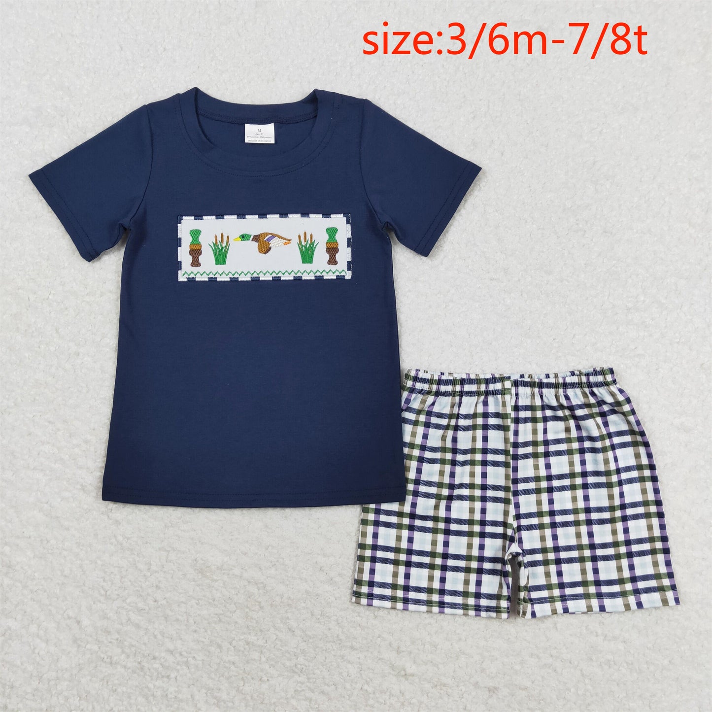RTS NO MOQ（In Stock) Embroidered Bottle Duck Navy Blue Short Sleeve Plaid Shorts Set