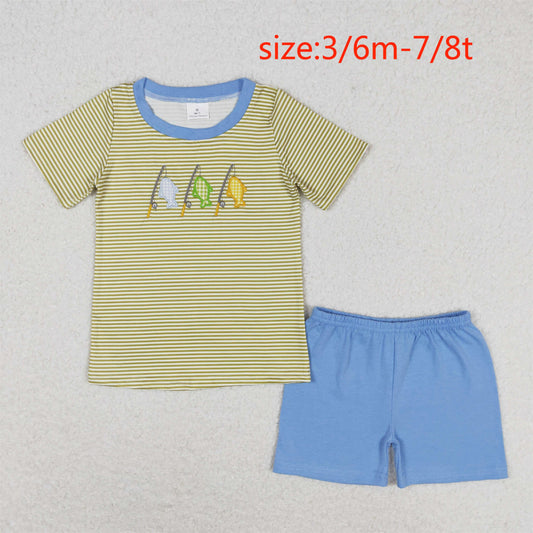rts no moq BSSO0732 Embroidered fishing yellow striped short-sleeved blue shorts suit