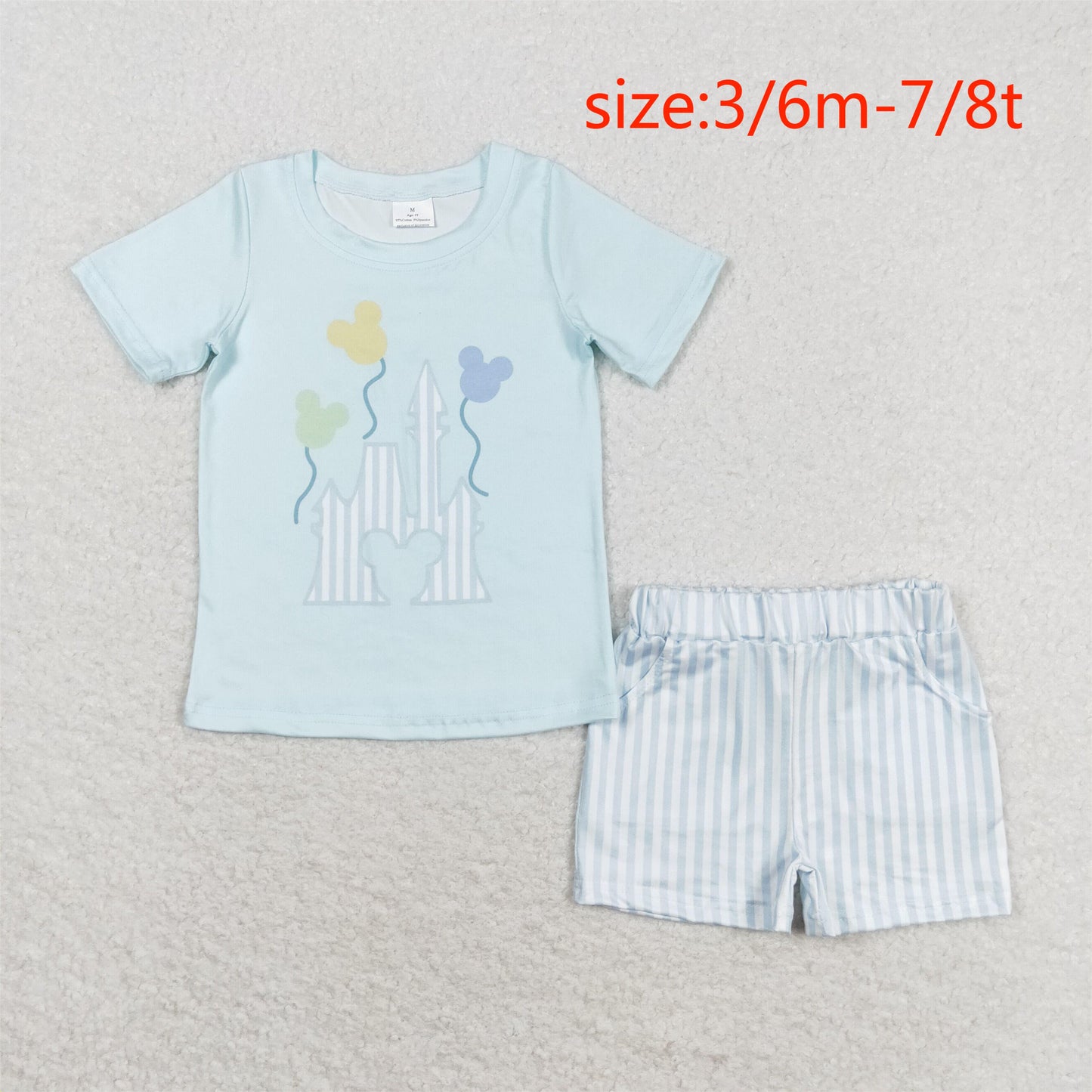 rts no moq BSSO0777 Dream Balloon Blue Short Sleeve Striped Shorts Set