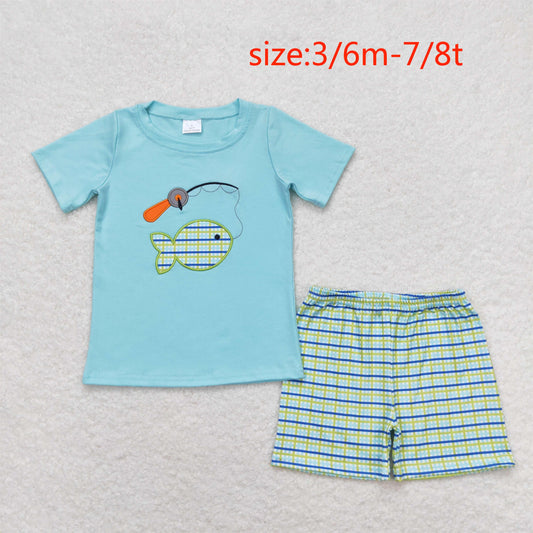 BSSO0798 Embroidered fishing teal short-sleeved plaid shorts suit