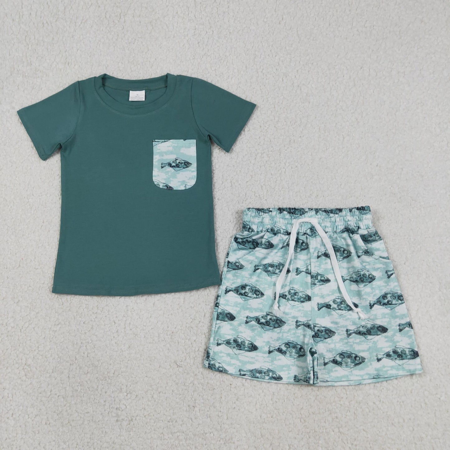RTS NO MOQ milk silk BSSO0838 Baby Boys Dark Green Hunting Fishes Print Top And Shorts Sets