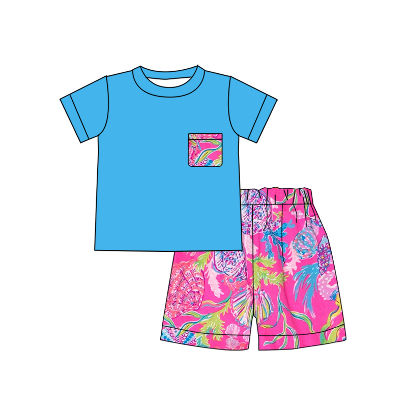 BSSO0841 pre-order baby boy clothes blue painting toddler boy summer outfits 3-6M to 7-8T