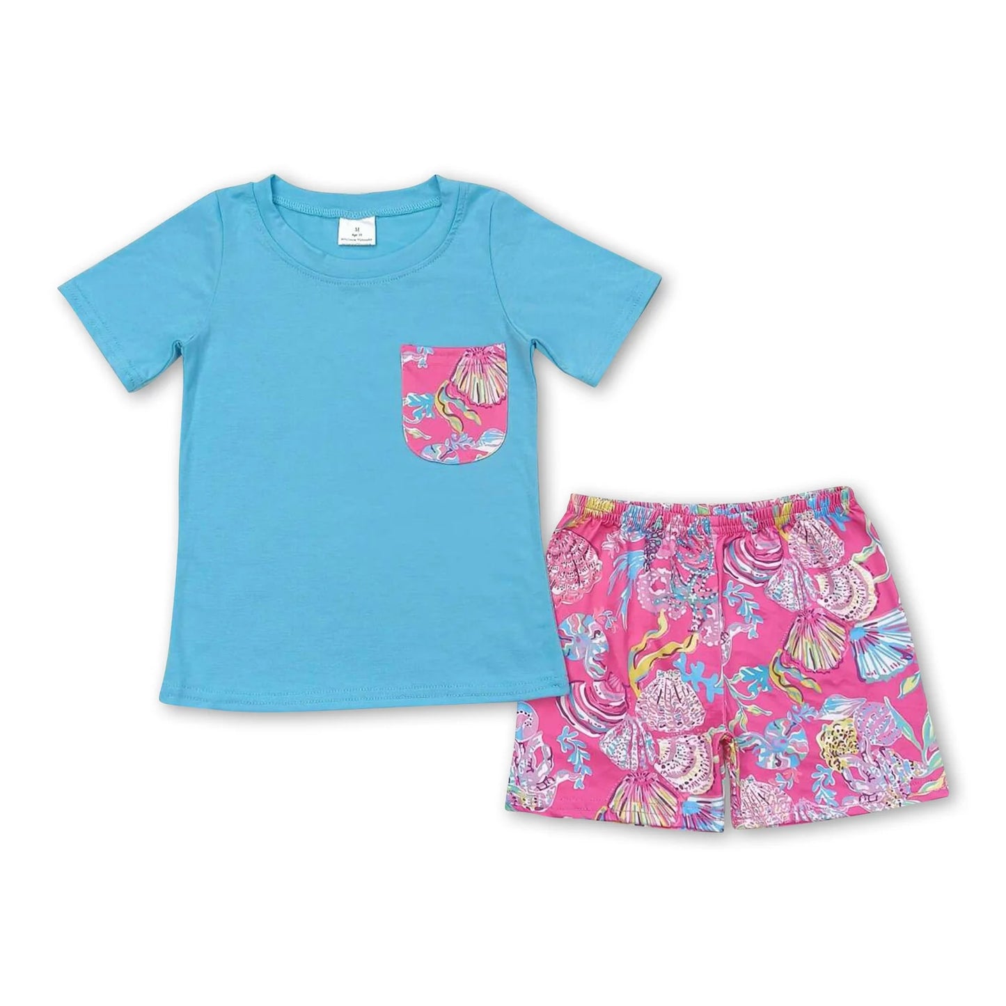 RTS NO MOQ Sibling milk silk Baby Girl Boys Blue Shell Print Short Sleeve Top Shorts Set Dress Rompers