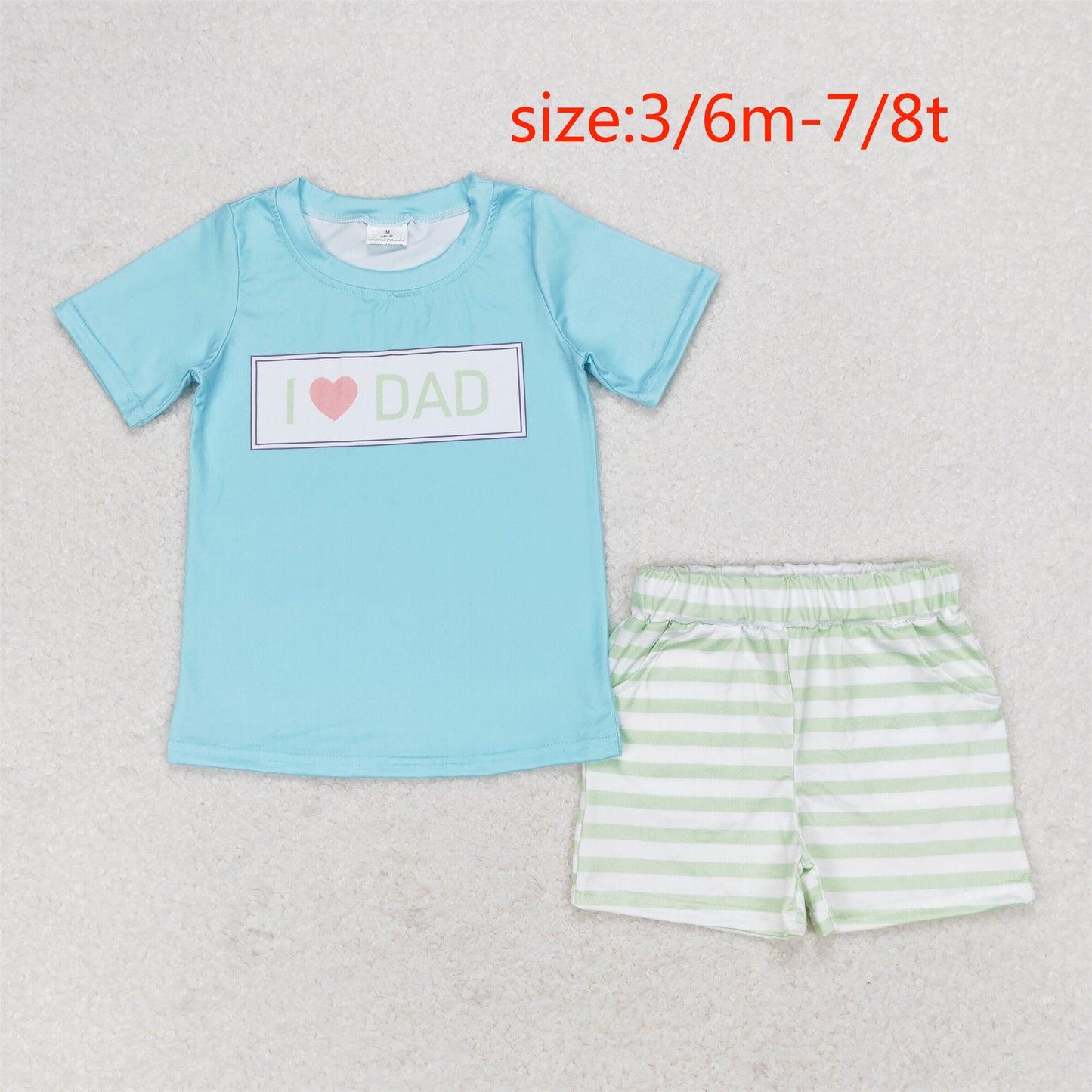 RTS NO MOQ（In Stock) I love dad letter blue short sleeve green striped shorts suit
