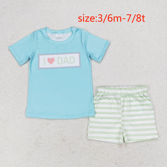 RTS NO MOQ（In Stock) I love dad letter blue short sleeve green striped shorts suit