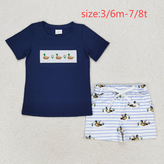 rts no moq BSSO0884 Embroidered three ducks navy blue short sleeve striped shorts set