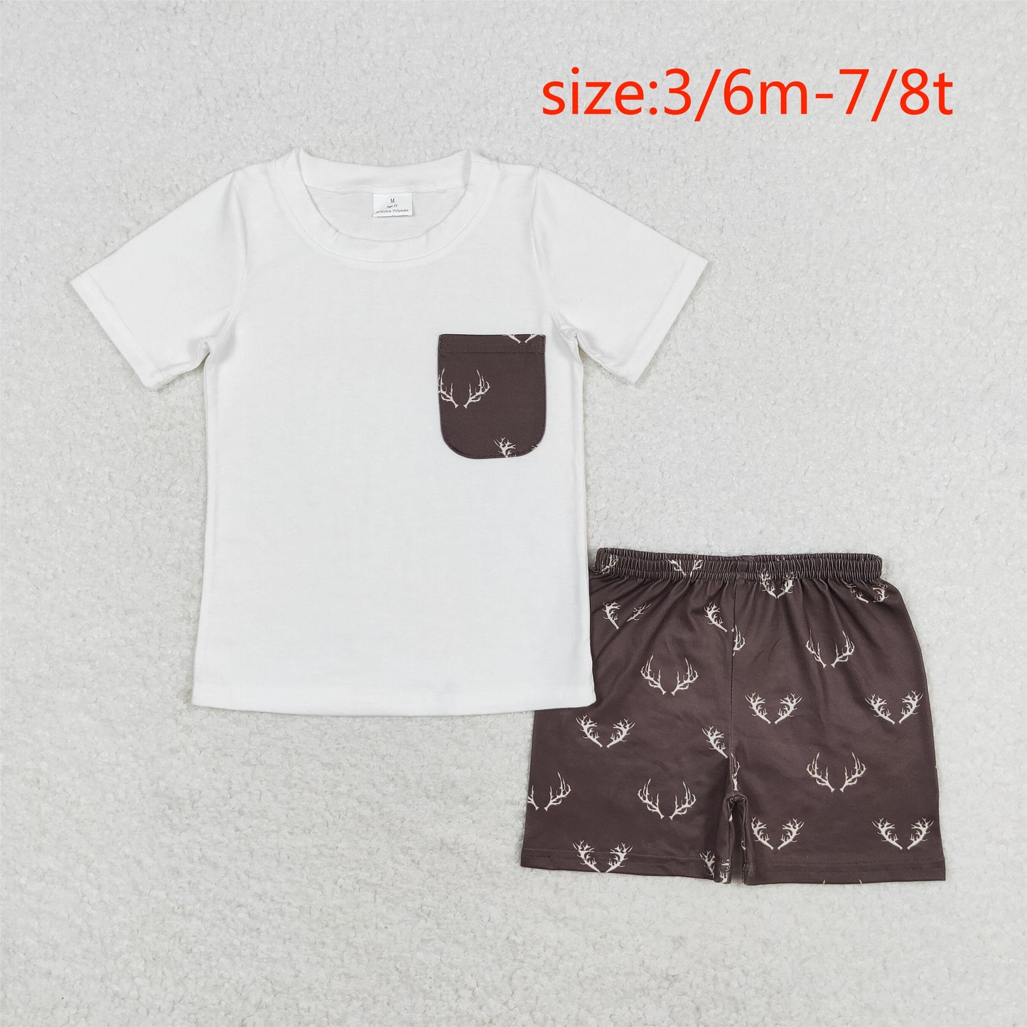 rts no moq BSSO0896 Antler Pocket Beige Short Sleeve Brown Shorts Set