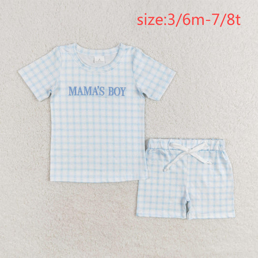 rts no moq BSSO0912 Mama's boy embroidered plaid blue and white short sleeve shorts suit