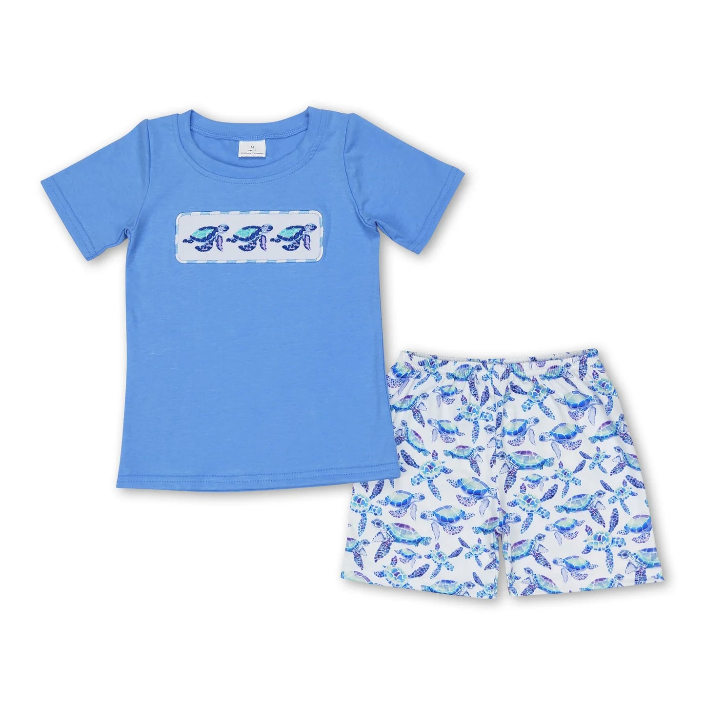RTS NO MOQ Sibling milk silk Baby Boys And Girls Blue Turtles Tee Shirts Tops Shorts Clothes Sets Dress Rompers