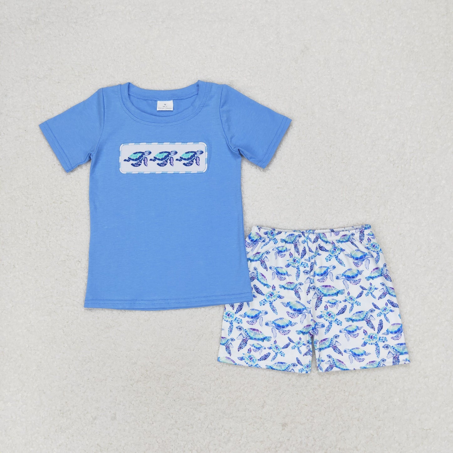 rts no moq BSSO0916 Embroidered Turtle Blue Short Sleeve Shorts Set