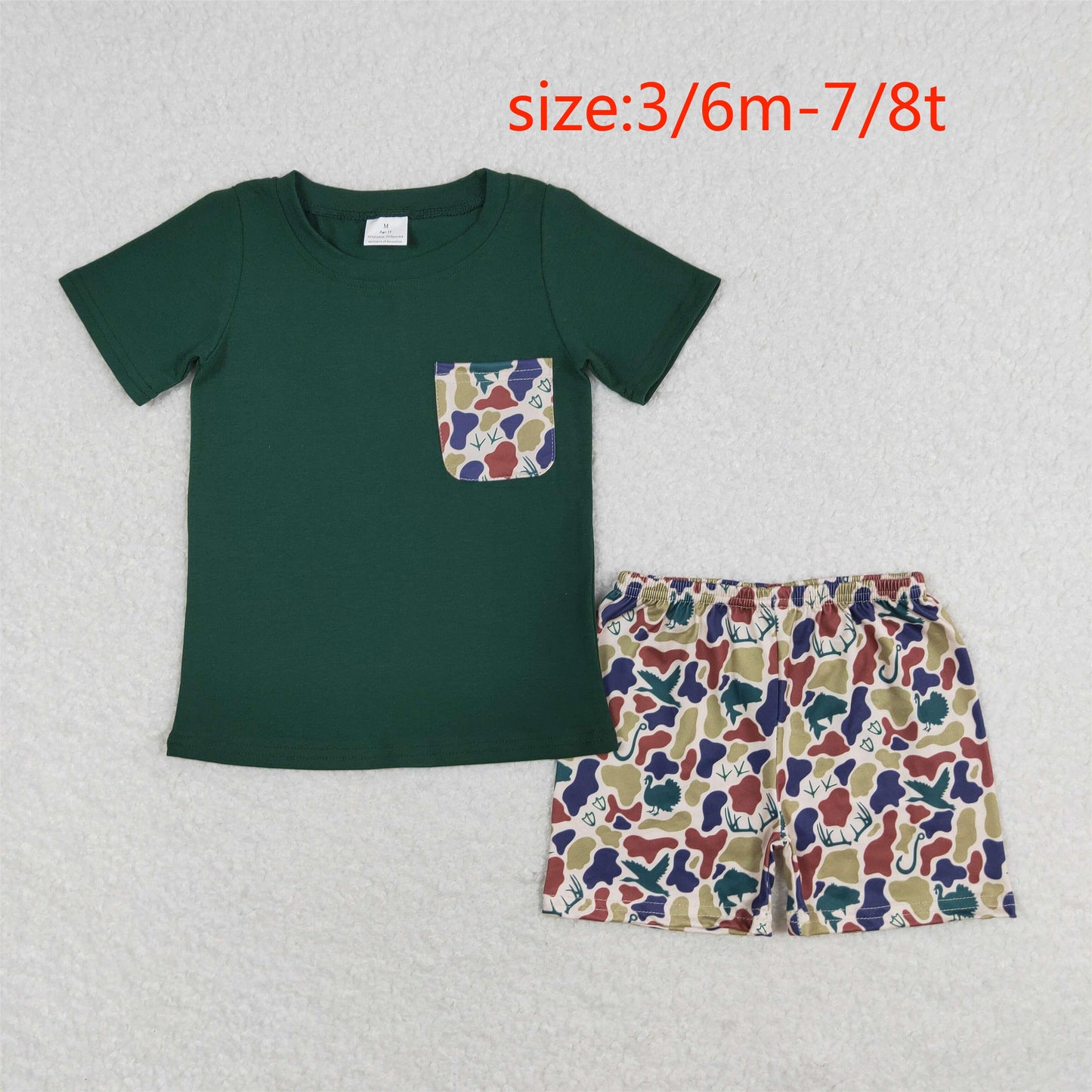 RTS NO MOQ（In Stock) Duck Brown and Green Camouflage Pocket Short Sleeve Shorts Set