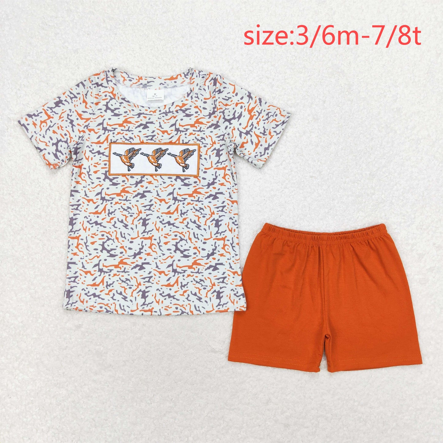 rts no moq BSSO0952 Embroidered duck camouflage short-sleeved brown shorts set