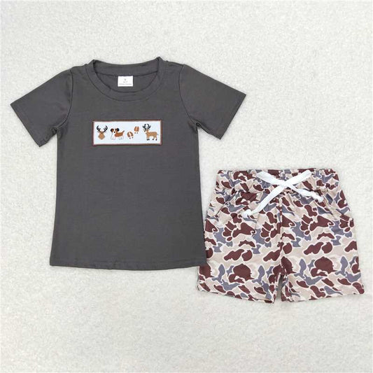 RTS NO MOQ（In Stock) BSSO0969 Boys Embroidered Camouflage Short Sleeve Shorts Set