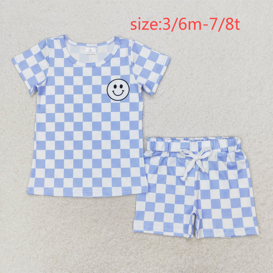 rts no moq BSSO0974 Smiley blue and white plaid short-sleeved shorts suit