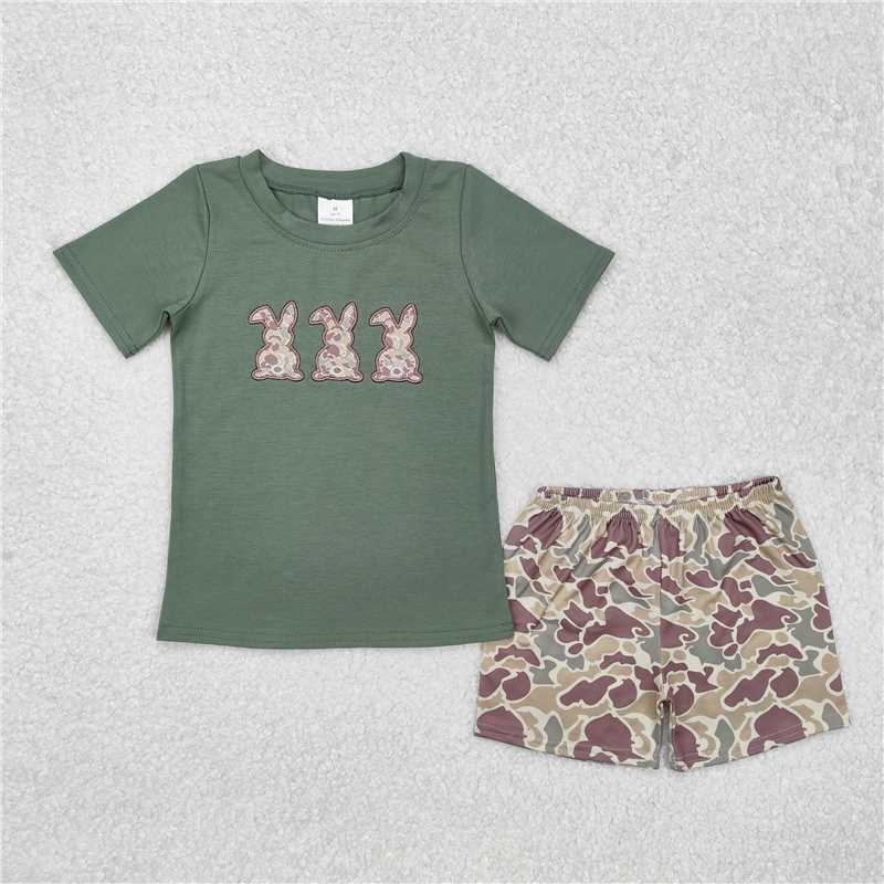 RTS NO MOQ（In Stock) BSSO1004 Boys Embroidered Camouflage bunny Short Sleeve Shorts Set