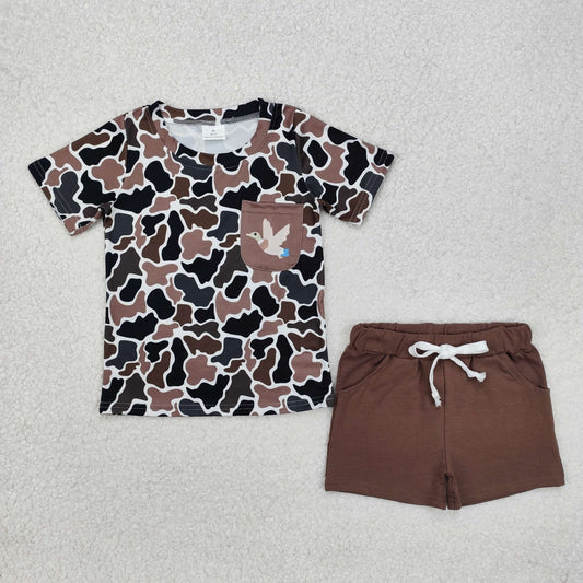 RTS NO MOQ（In Stock) Duck Pocket Camouflage Short Sleeve Brown Shorts Set