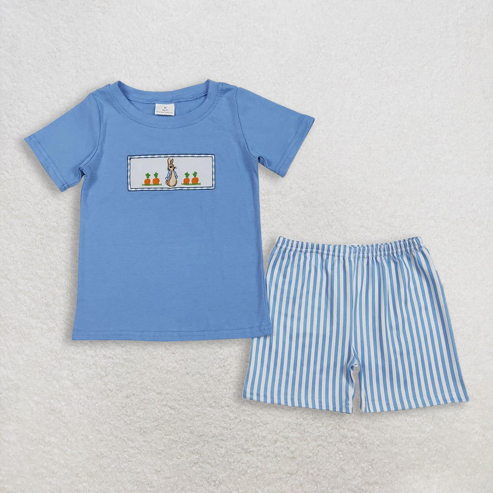 RTS NO MOQ Sibling Baby Boys Easter Clothing Set with Rabbit Embroidery Striped Shirt shorts sets Knee-Length dress Rompers