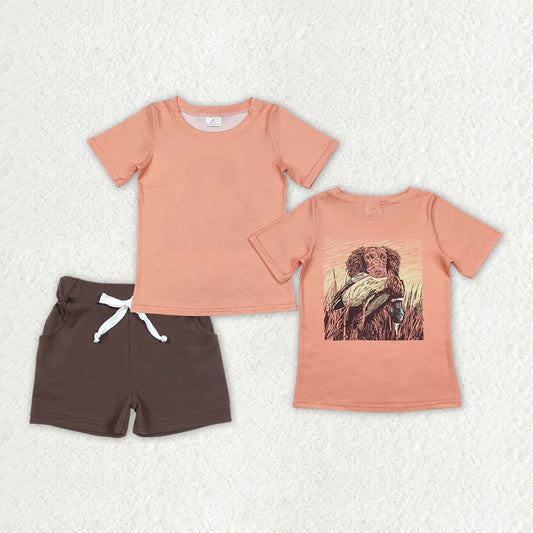 RTS NO MOQ Baby Boys Orange Dog Duck Hunting Shirt with Pocket Short Set Baby Outfit Clothes Set