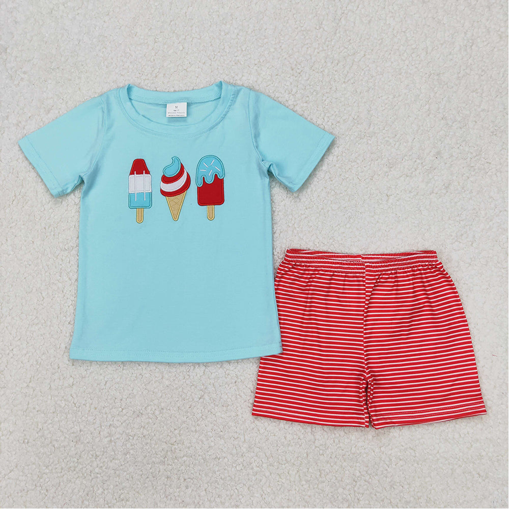 RTS NO MOQ baby boys clothes embroidery ice cream short sleeve Clothes Sets dress