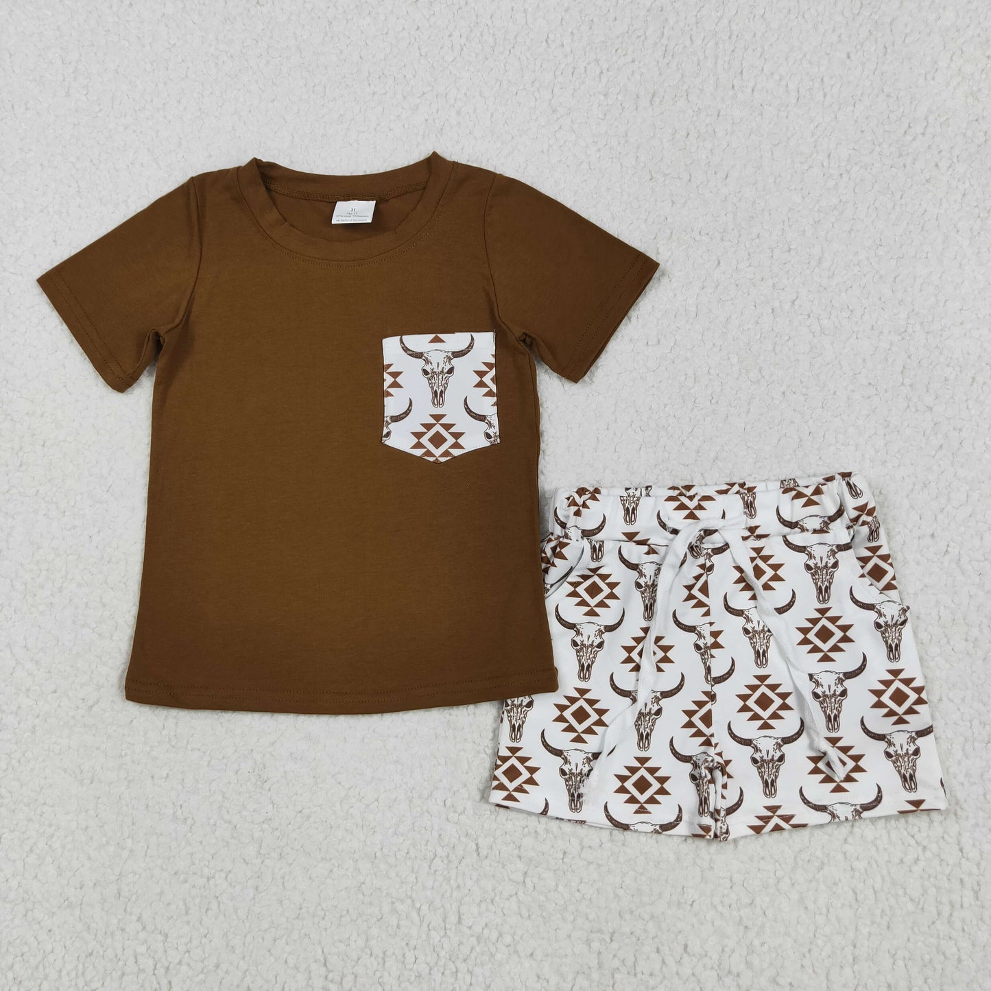 RTS NO MOQ（In Stock) BSSO1319 alpine bull head geometric pattern pocket brown short sleeve white shorts set