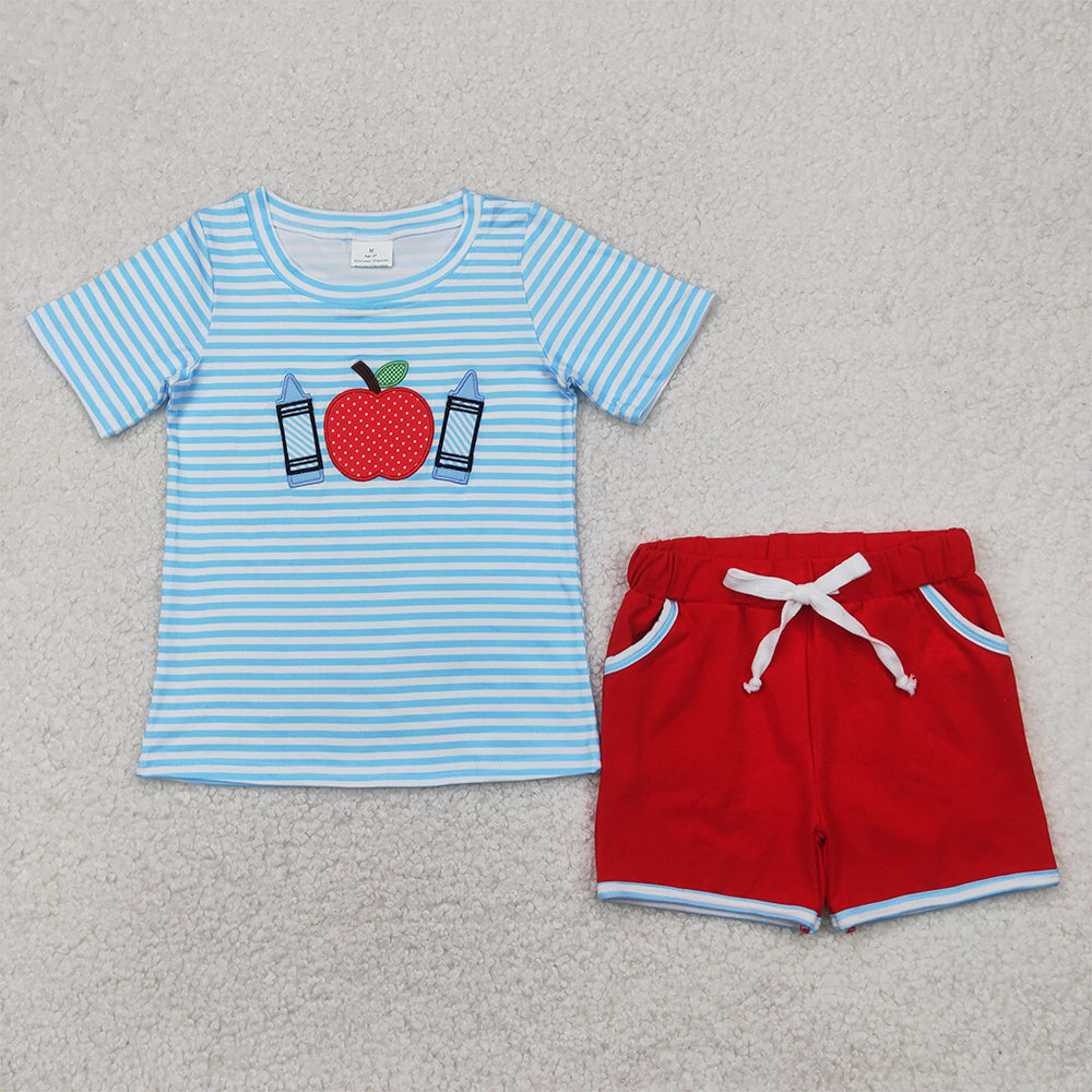 RTS NO MOQ Sibling Embroidery Baby Boys Short Sleeve Shirt Top And Shorts Clothing Back to School Set