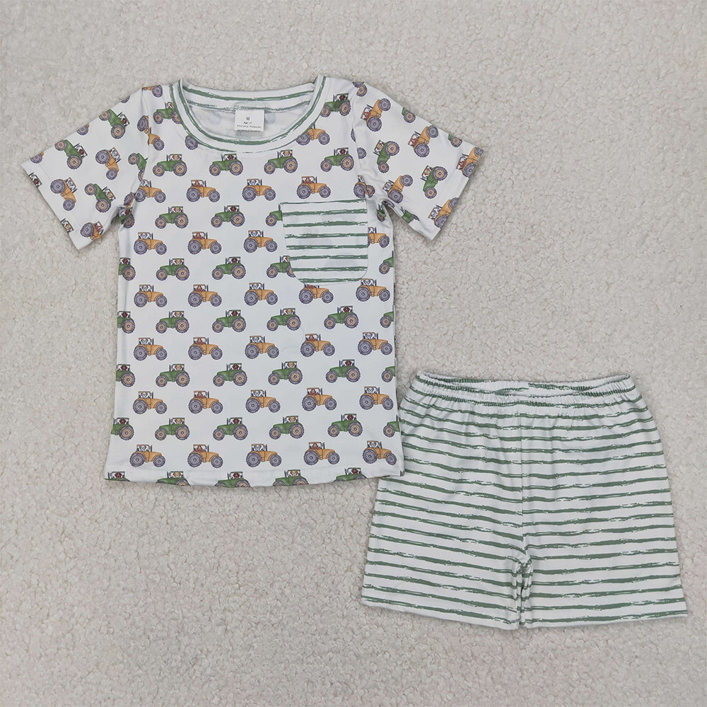 RTS NO MOQ milk silk Sibling Baby Boys Farm Trucks Pocket Top Casual Shorts Set Pocket Rompers