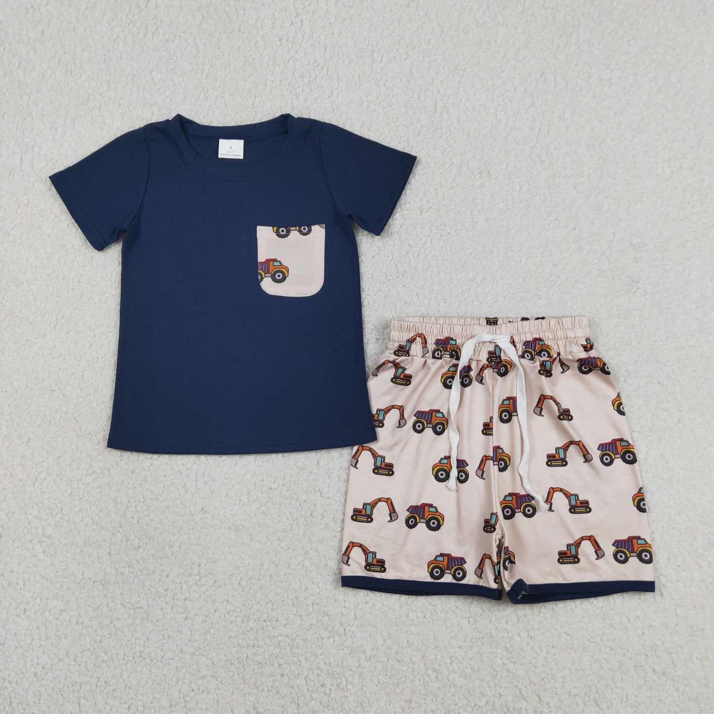 RTS NO MOQ BSSO1364 Baby Boys Summer Navy Pocket Top Excavator Print Shorts