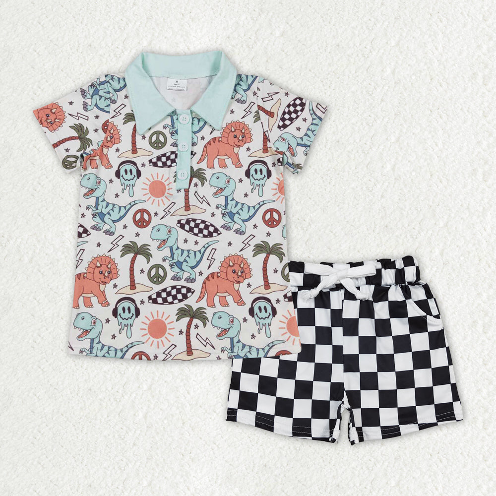 RTS NO MOQ ETA 5/7days Arrived BSSO1383 dinosaur short-sleeved plaid shorts set
