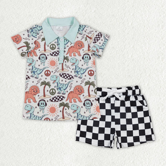 RTS NO MOQ ETA 5/7days Arrived BSSO1383 dinosaur short-sleeved plaid shorts set