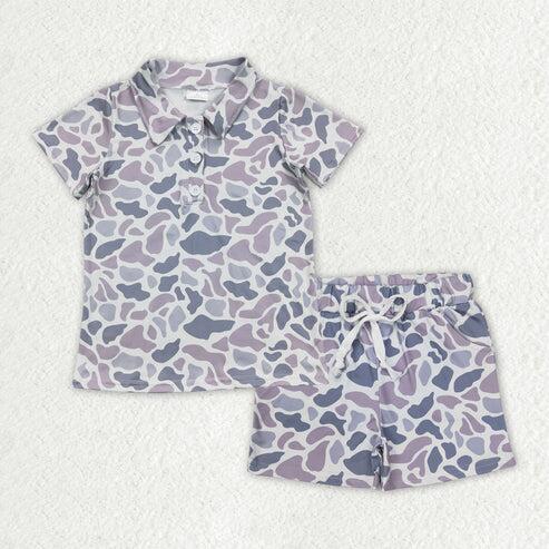 RTS NO MOQ Sibling Baby Boys Light Grey Camouflage Short Sleeve Shirt with Pockets Shorts Outfit Set