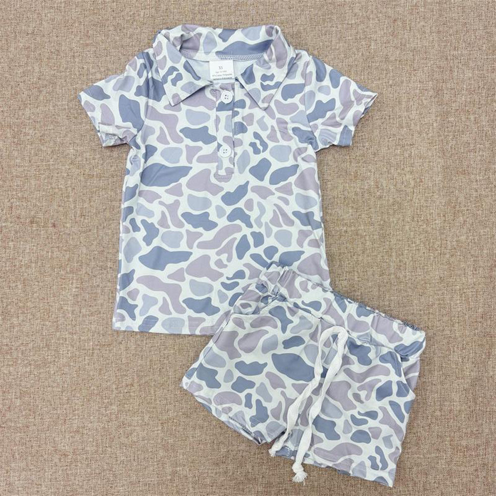 RTS NO MOQ BT0597+SS0140 Gray short-sleeved top with camouflage collar shorts set-BSSO1384