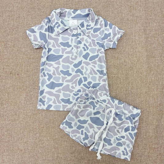RTS NO MOQ BT0597+SS0140 Gray short-sleeved top with camouflage collar shorts set-BSSO1384