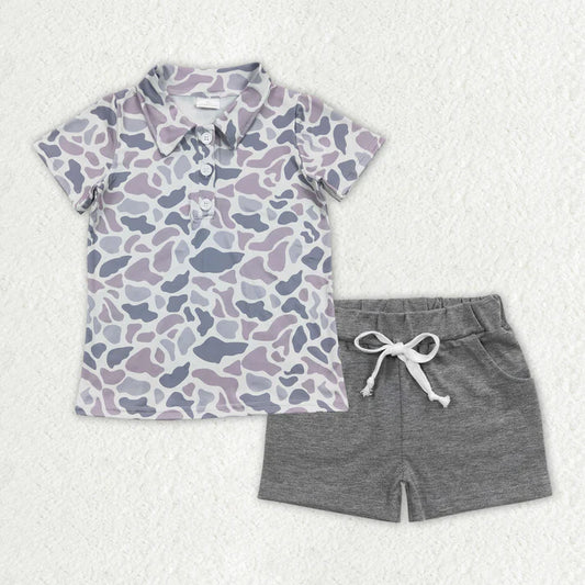RTS NO MOQ Baby Boys Grey Camouflage Lapel Button Shirts And Cotton Shorts Outfit Set