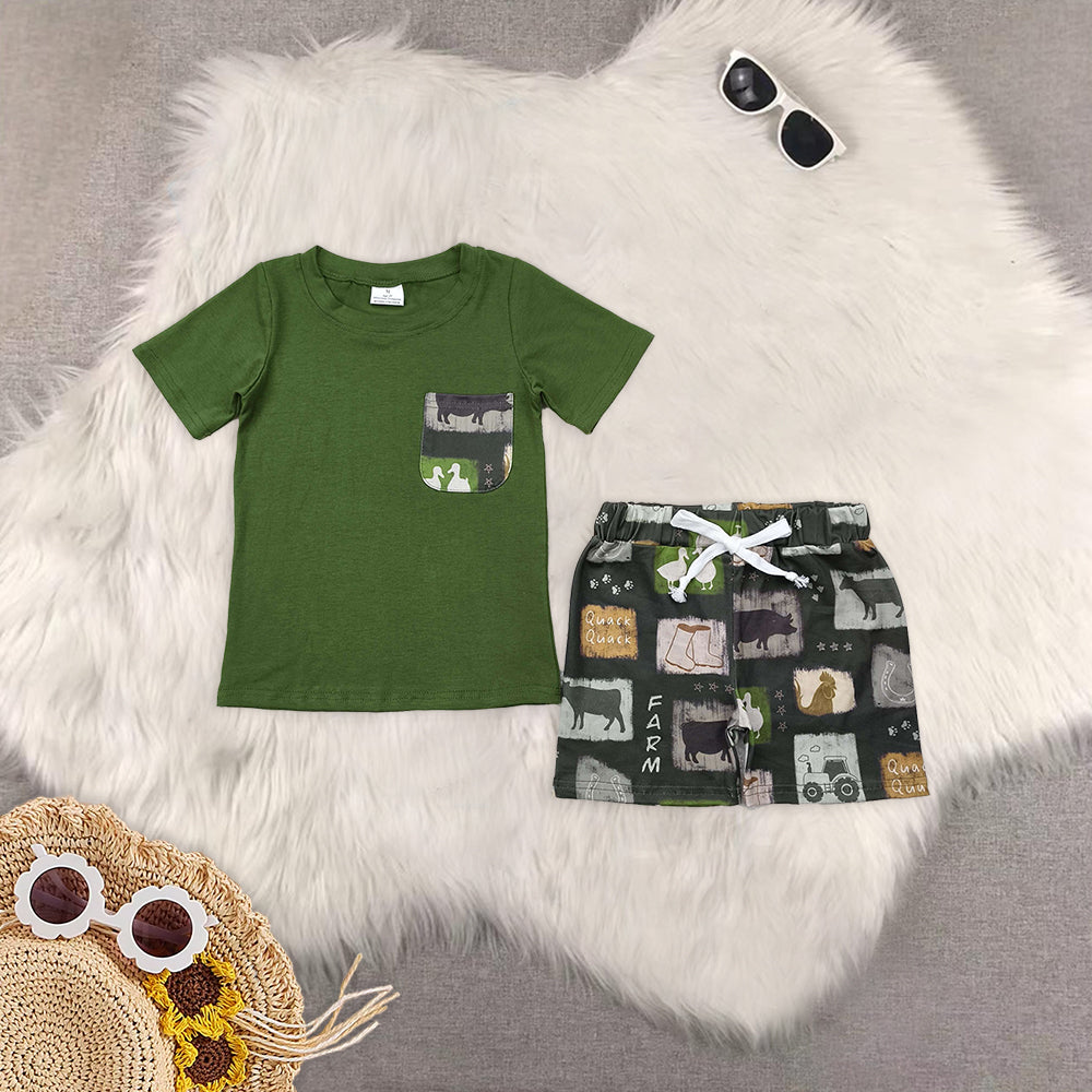 RTS NO MOQ Sibling baby boys boy clothes Short Sleeve Green Shorts Sets