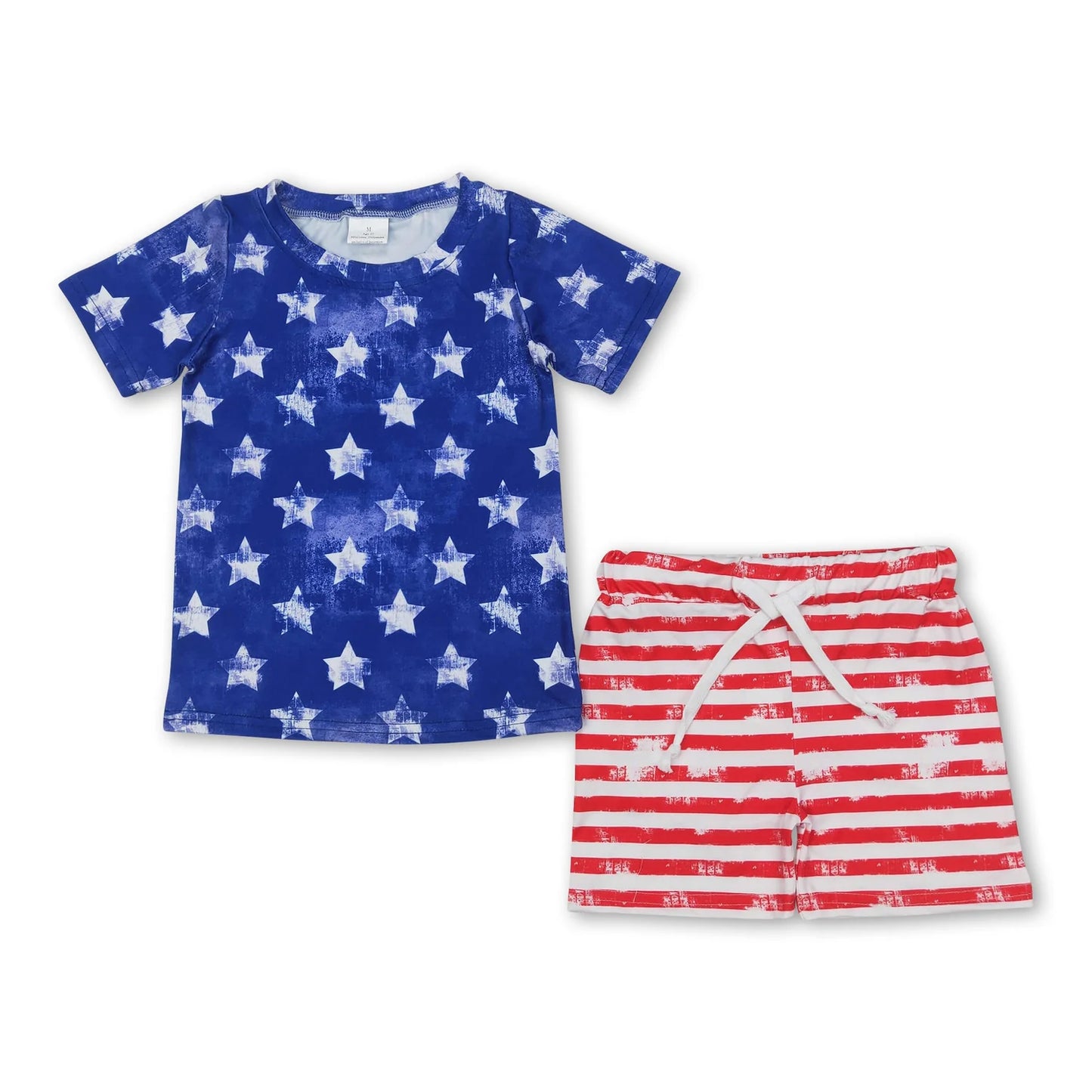 RTS NO MOQ Sibling milk silk Baby Boys And Girls Blue Short Sleeves Star Print Shirt Red Stripe Shorts Set Rompers Dresses 4th Of July Clothes