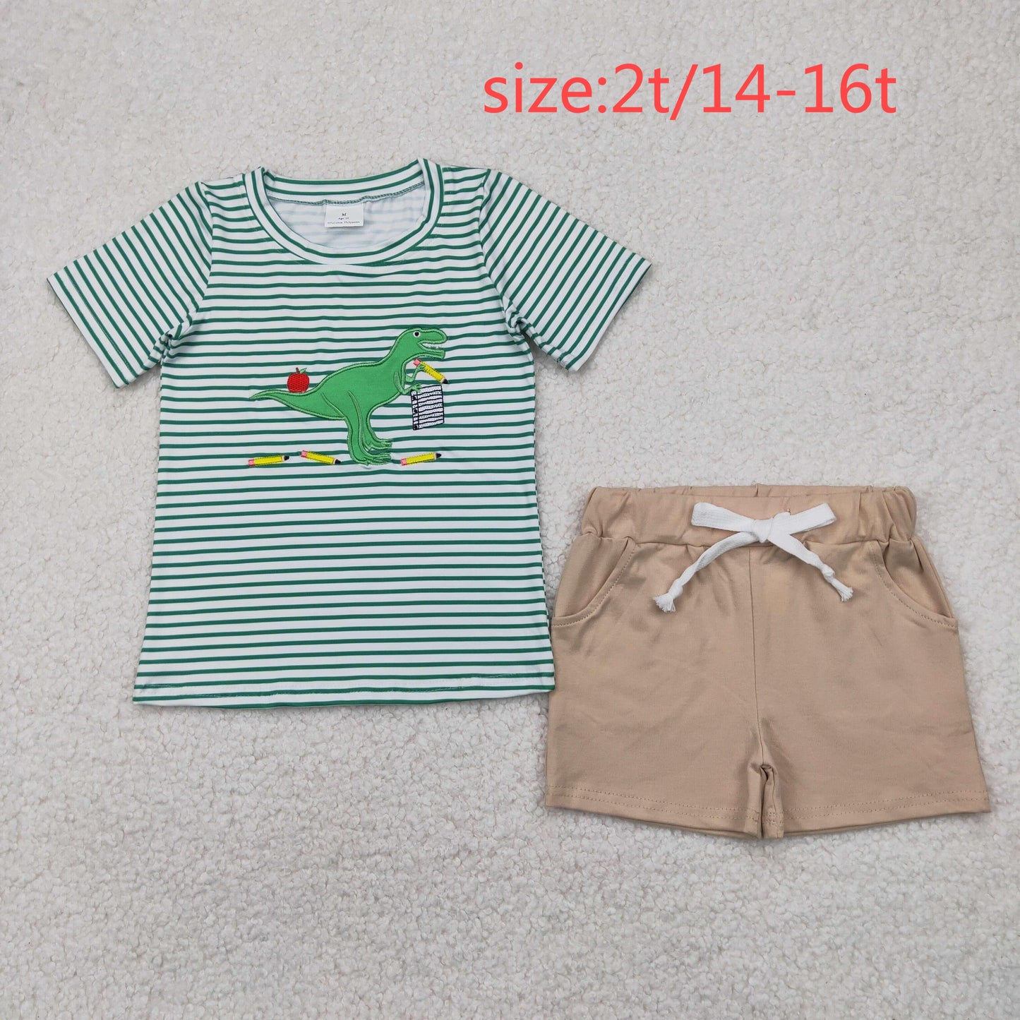 RTS NO MOQ BSSO1416 Embroidery Pencil Dinosaur Green Stripe Gray Shorts Set